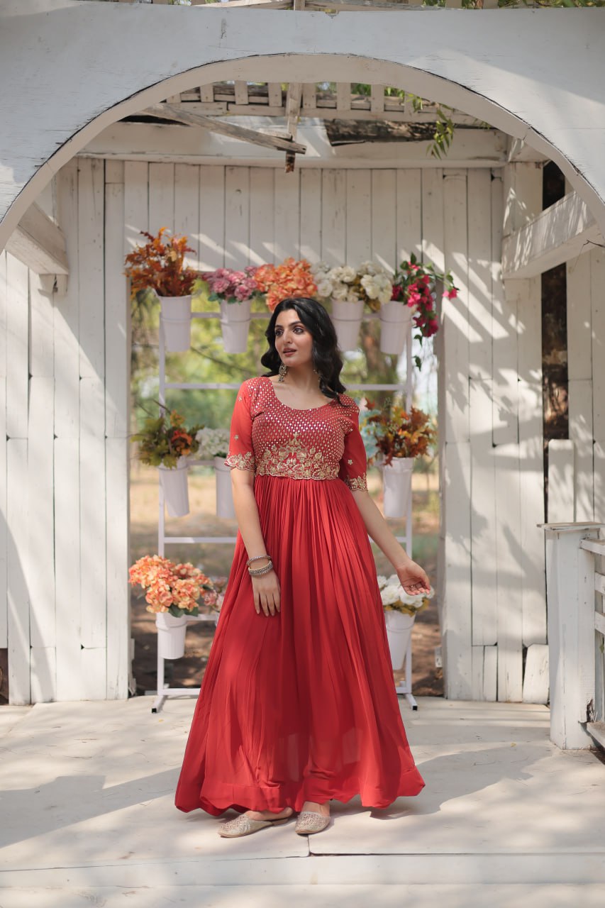 Orange Color Faux Blooming with Embroidery Zari Sequins Work Gown