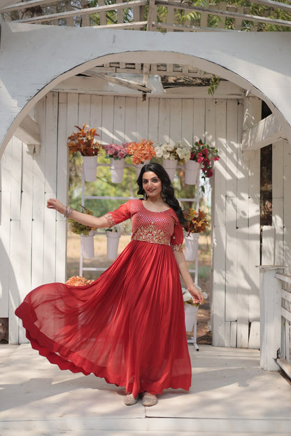 Orange Color Faux Blooming with Embroidery Zari Sequins Work Gown