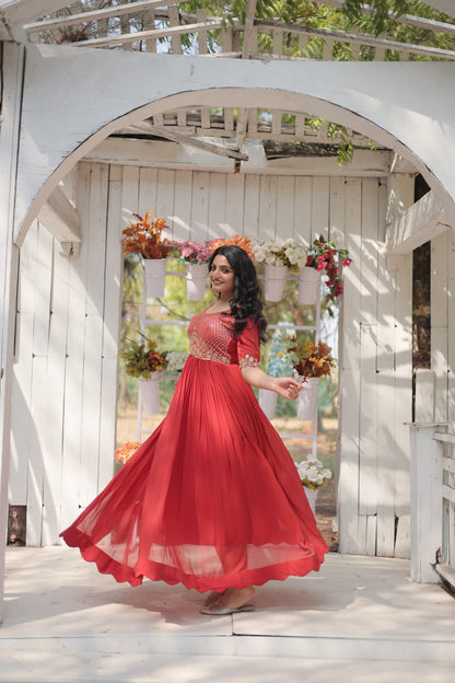 Orange Color Faux Blooming with Embroidery Zari Sequins Work Gown