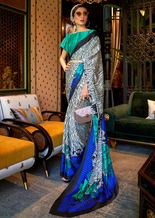 Edward White And Blue Printed Satin Silk Saree