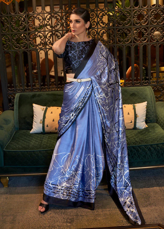 Portage Blue And Black Printed Satin Silk Saree