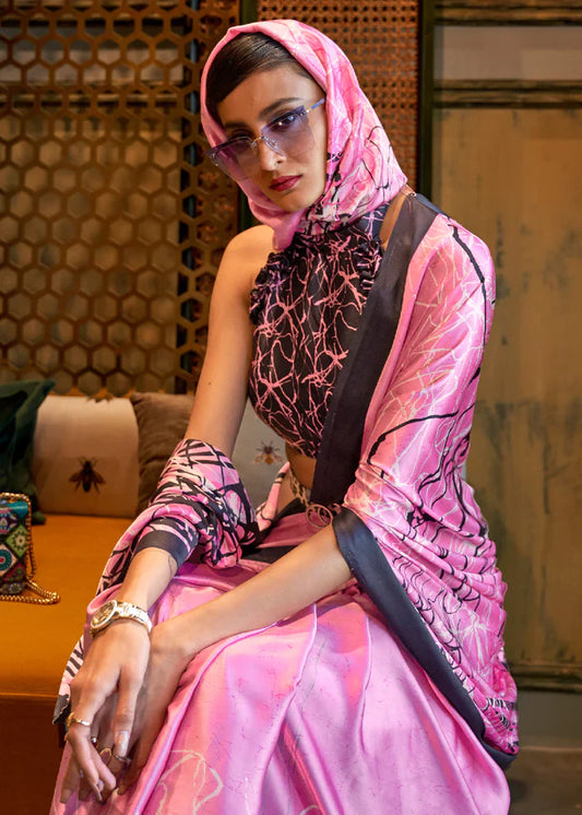Viola Pink And Black Printed Satin Silk Saree