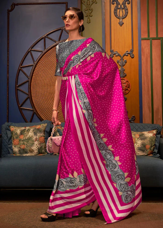 French Pink And Grey Printed Satin Silk Saree
