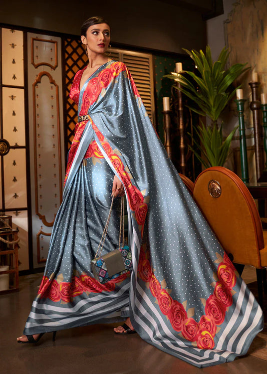 Shadow Grey And Red Printed Satin Silk Saree