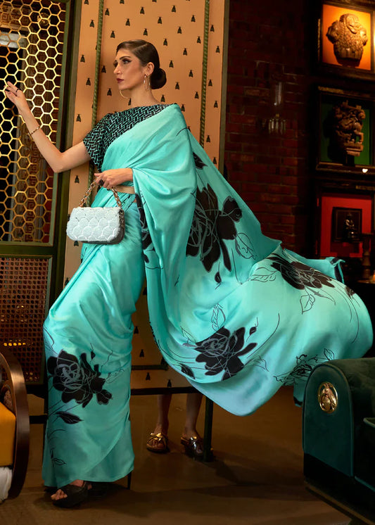 Monte Carlo Blue And Black Printed Satin Silk Saree