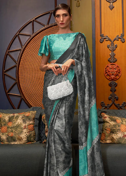 Smoke Grey And Blue Printed Satin Silk Saree