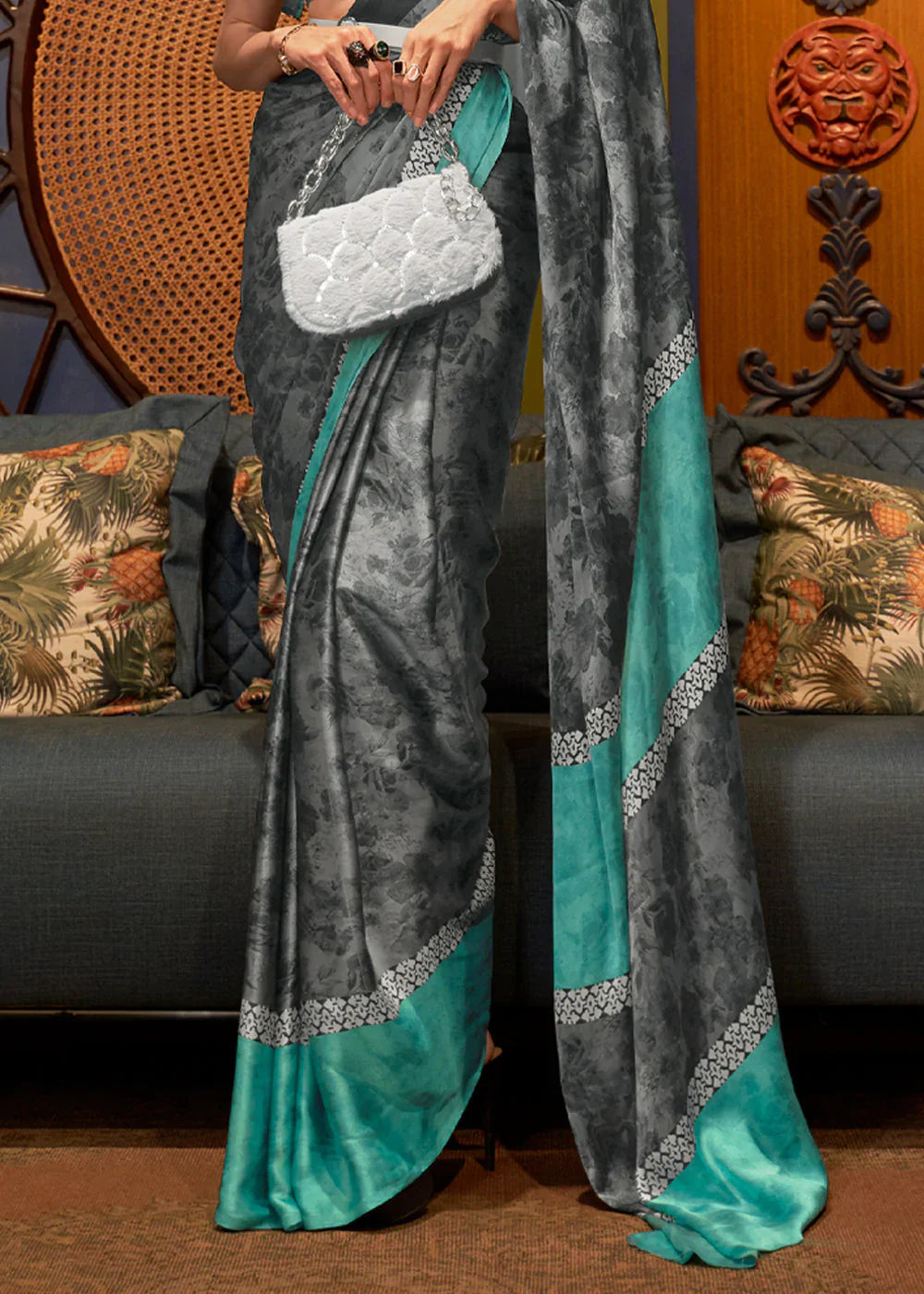 Smoke Grey And Blue Printed Satin Silk Saree