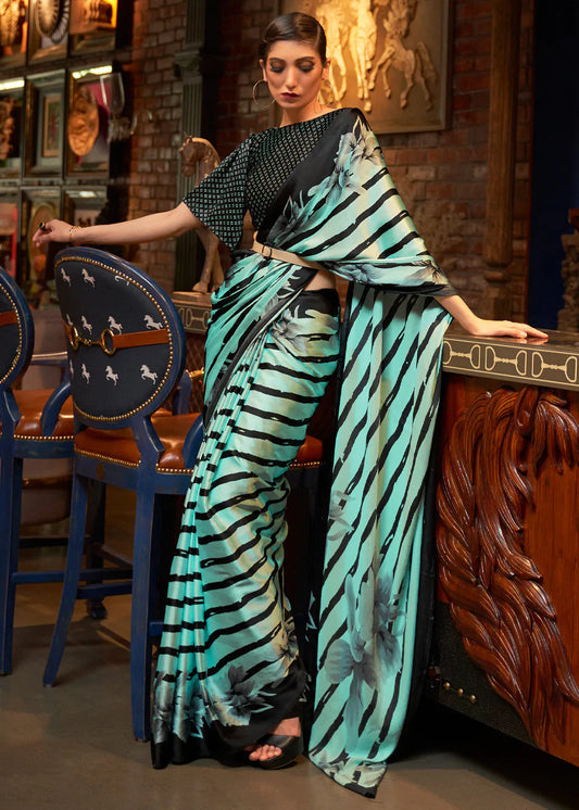 Tradewind Green And Black Stripes Printed Satin Silk Saree