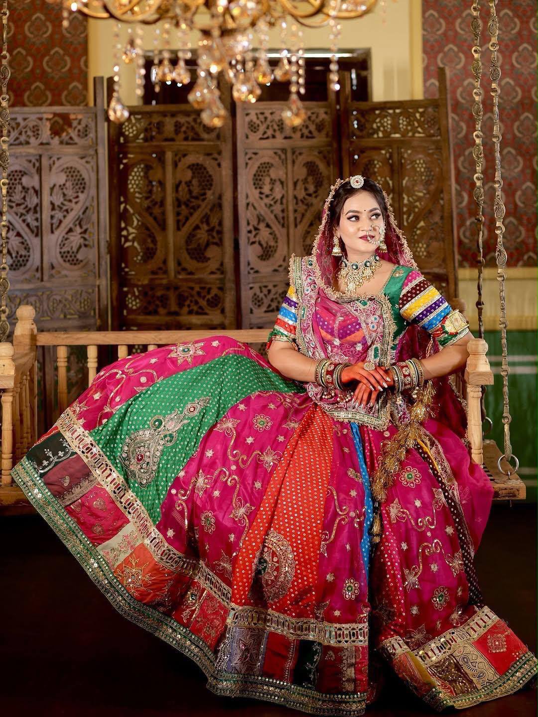 Model wearing Multi-Color Rani Pink & Emerald Green Heavy Muslin Cotton With Digital Print & Fully Real Mirror Work Navratri Lehenga Choli Set by The Beauty Queen