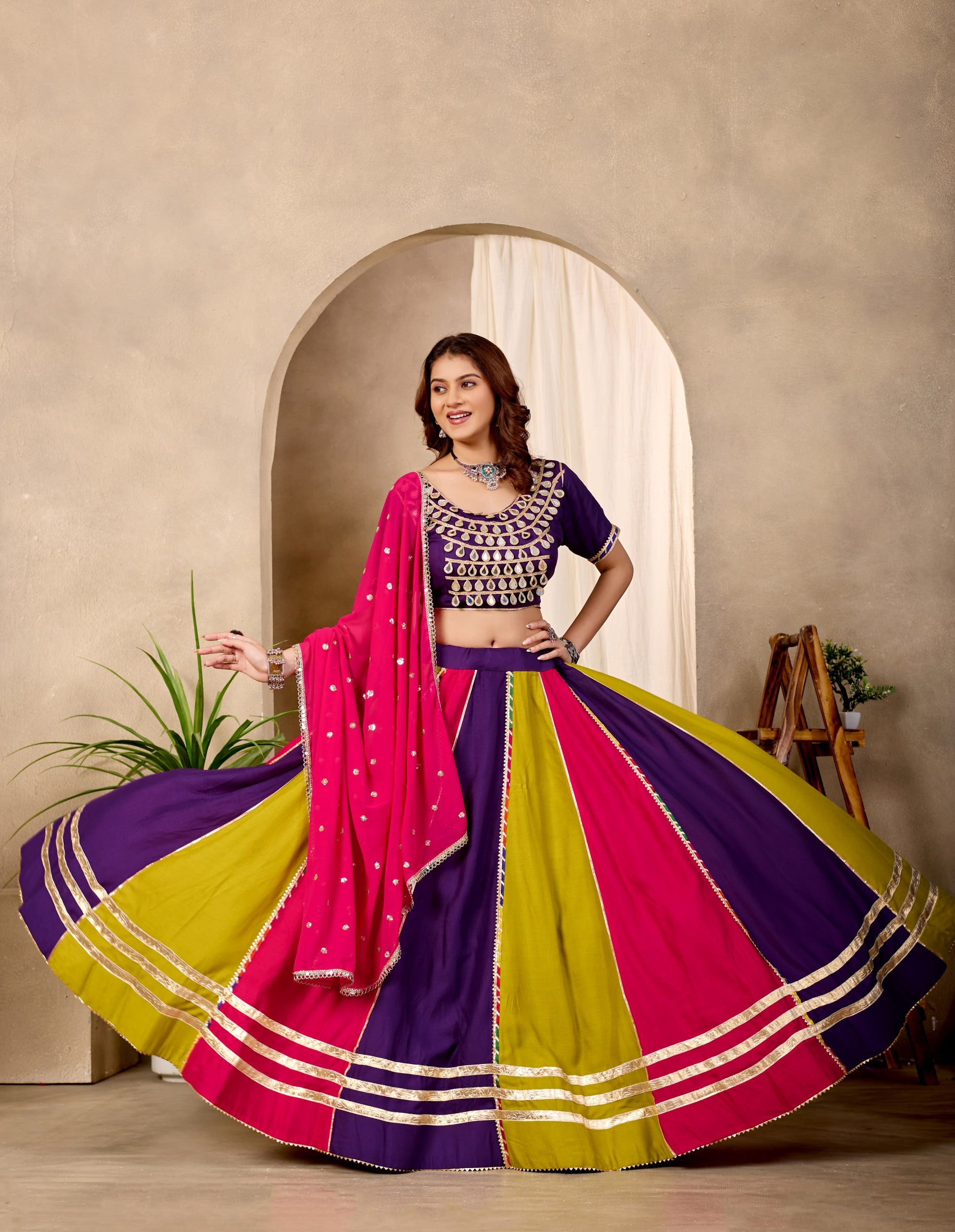 Multi-Color Pure Cotton Fancy Lace Work And Mirror Lace Work Navratri Lehenga Choli Set With Pink Dupatta By The Beauty Queen