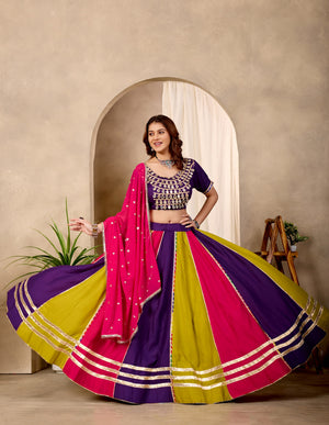 Multi-Color Pure Cotton Fancy Lace Work And Mirror Lace Work Navratri Lehenga Choli Set With Pink Dupatta By The Beauty Queen