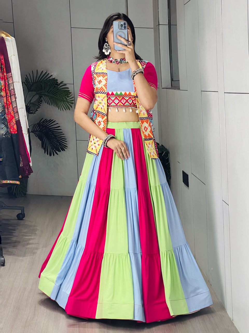 Model Wearing Multicolor Pure Rayon Cotton Tiered Frilled Kali Navratri Lehenga Choli Set With Gamthi Jacket By The Beauty Queen