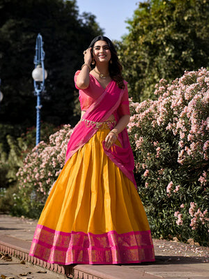 Mustard Kanchipuram Silk Lehenga Choli with Traditional Gold Zari Weaving Work by The Beauty Queen Surat