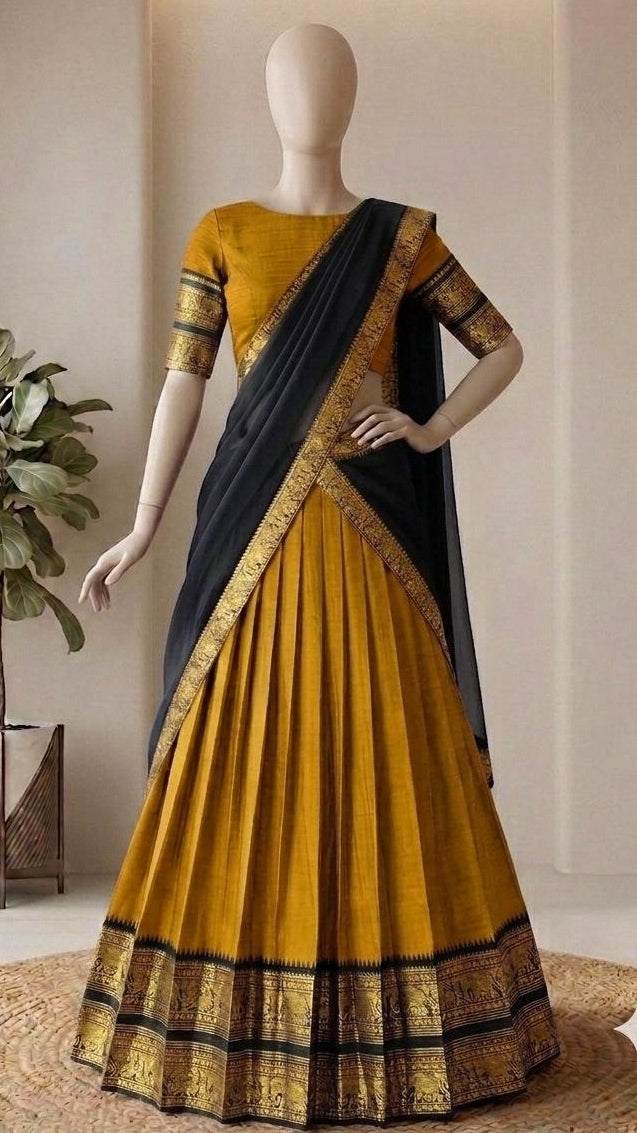 Mustard Yellow and Jet Black Kanci Cotton Zari Weaving Work South Indian Half Saree Langa Voni Set flat lay view by The Beauty Queen