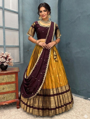 Mustard Yellow and Maroon Kanjiveram Silk Fully Stitched Half Saree Lehenga Choli Set flat lay view by The Beauty Queen