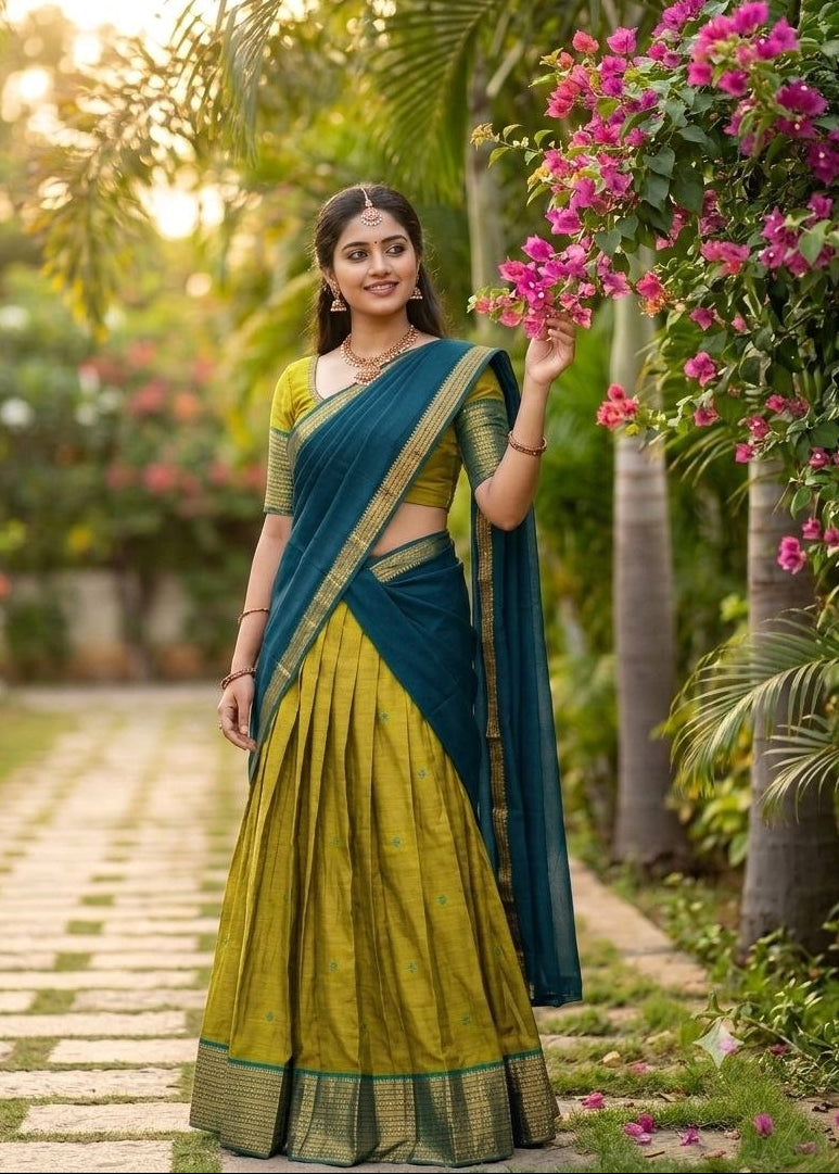Mustard Yellow and Peacock Blue Kanci Cotton Zari Weaving Work South Indian Half Saree Lehenga Choli Set flat lay view by The Beauty Queen