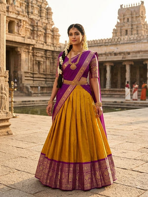 Model Wearing Mustard Yellow And Purple Kanjivaram Silk Zari Weaving Work Half Saree Langa Voni Set Standing In Front Of A Traditional Temple Background By The Beauty Queen