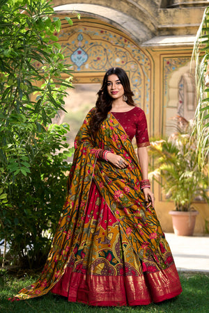 Mustard Yellow and Red Tasar Silk Kalamkari Print with Foil Work Border Lehenga Choli Set by The Beauty Queen