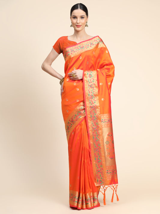 Mustard Color Floral Woven Design Zari Paithani Saree