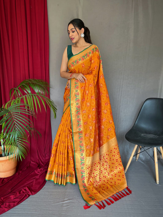 Mustard Kachii Patola Weaving Saree With Meenakari Border Saree