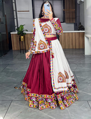 Maroon and White Traditional Gamthi Work Navratri Lehenga with Real Mirror Work and Layer Patta Border by The Beauty Queen Surat