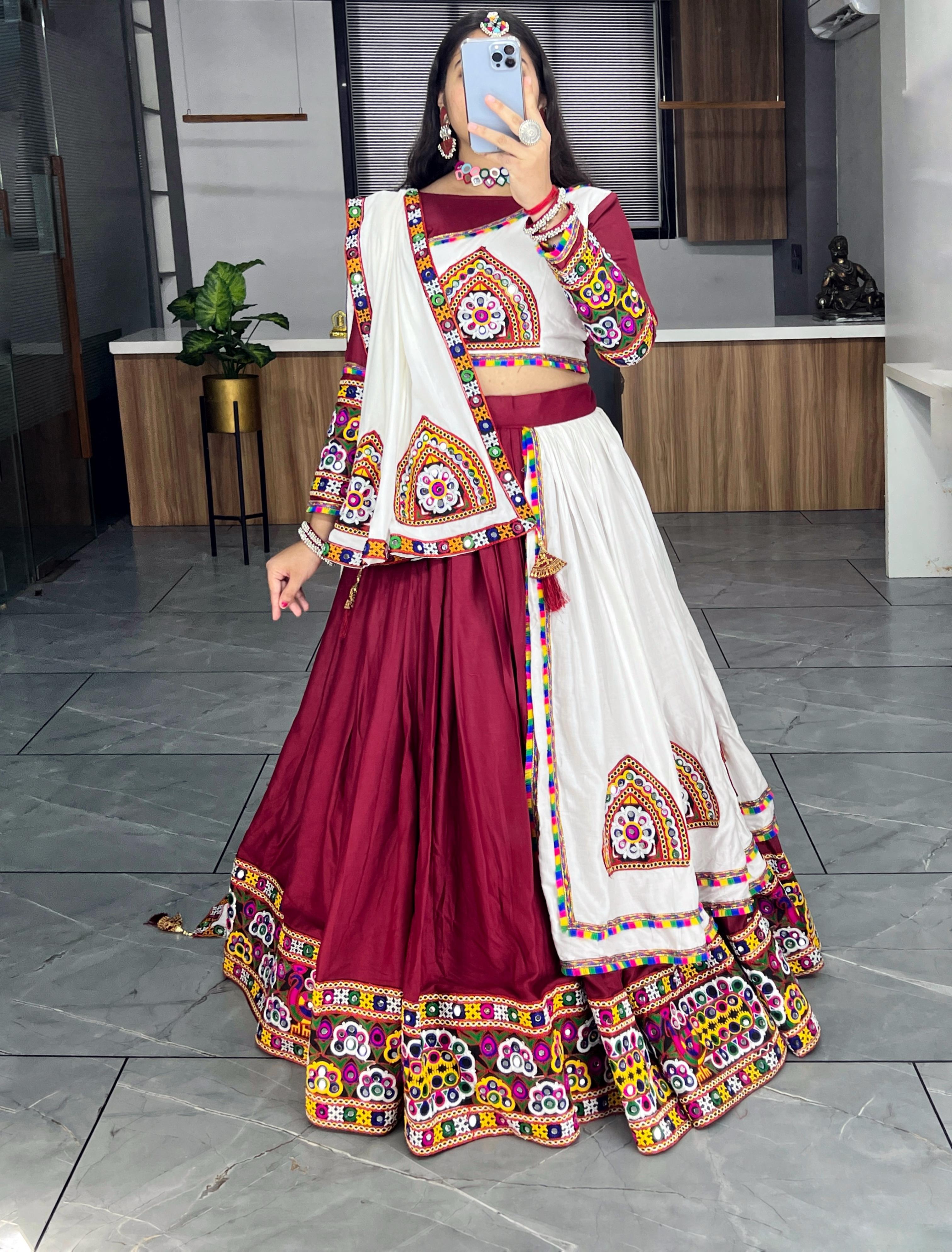 Maroon and White Traditional Gamthi Work Navratri Lehenga with Real Mirror Work and Layer Patta Border by The Beauty Queen Surat