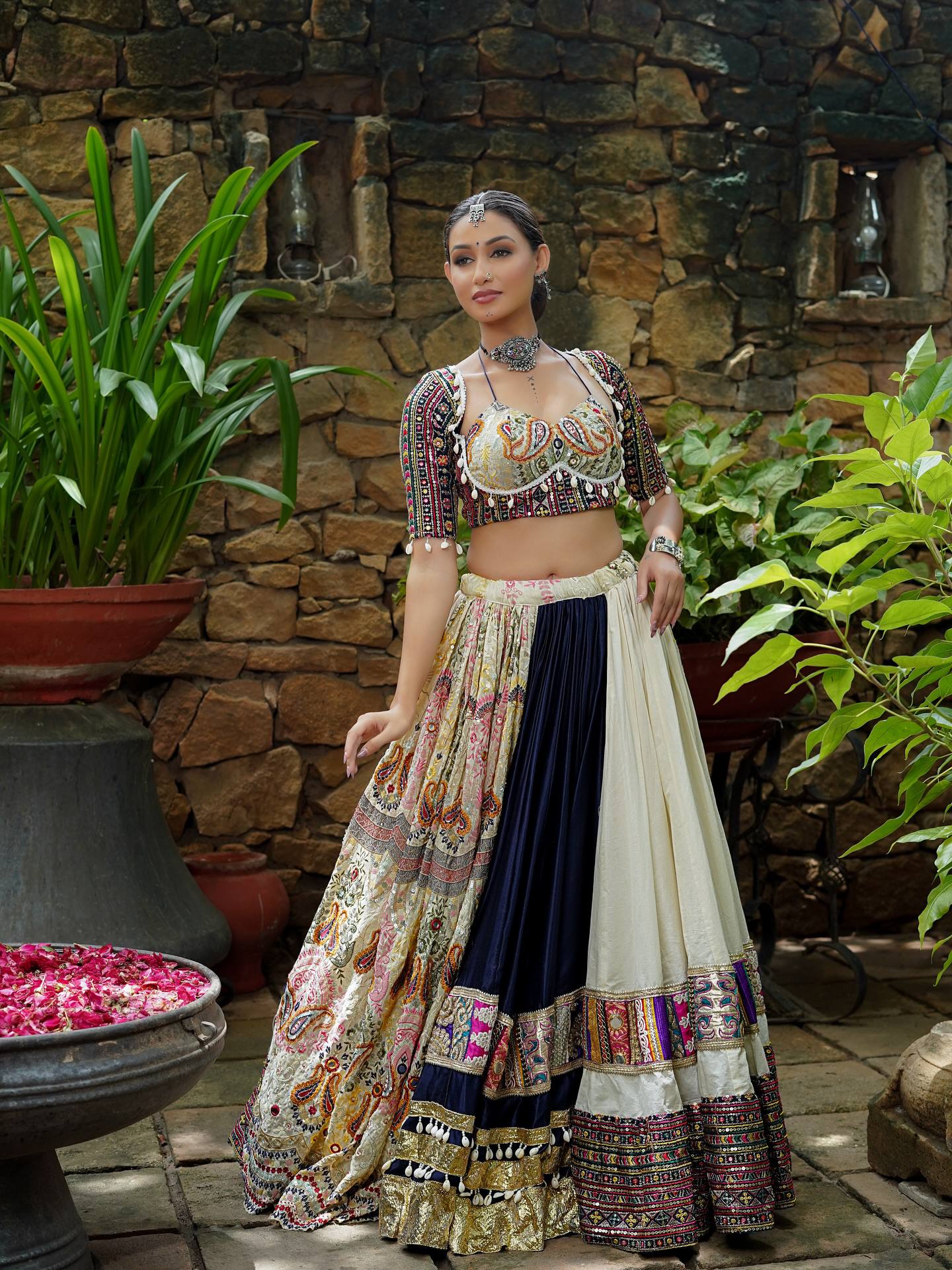 Navy Blue And Off White Heavy Muslin Cotton Digital Print And Real Mirror Work Navratri Lehenga Choli Set By The Beauty Queen