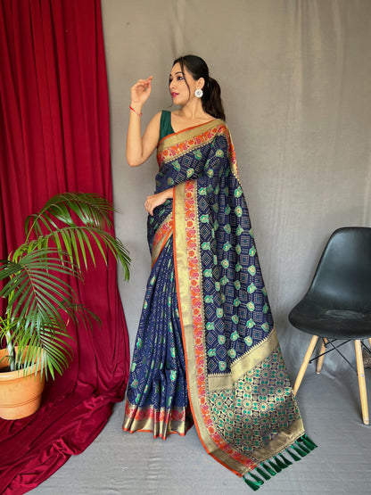 Navy Blue Kachii Patola Weaving Saree With Meenakari Border Saree