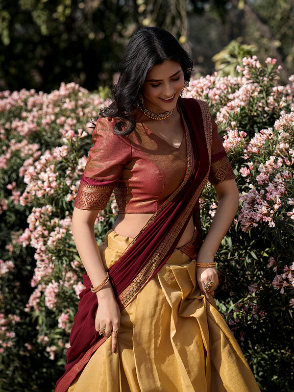 Cream Kanchipuram Silk Lehenga Choli – Traditional Zari Weaving Work South Indian Set