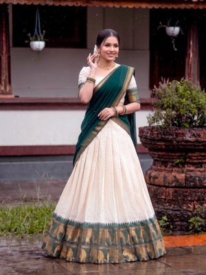 Off White and Bottle Green Poly Cotton Chex with Zari Weaving Work South Indian Half Saree Lehenga Choli Set by The Beauty Queen