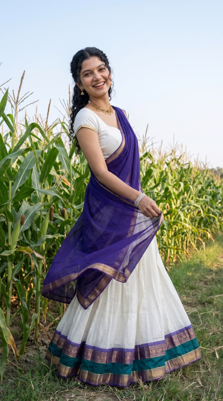 Off-White, Royal Indigo Blue, and Peacock Green Mul Cotton Zari Weaving Work South Indian Half Saree Langa Voni Set flat lay view by The Beauty Queen