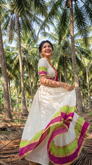 Off-White, Lime Green, and Magenta Pink Mul Cotton Zari Weaving Work South Indian Half Saree Langa Voni Set flat lay view by The Beauty Queen