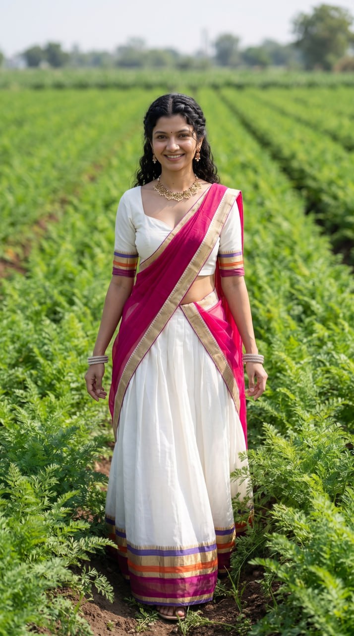Off-White and Magenta Pink Mul Cotton Zari Weaving Work South Indian Half Saree Langa Voni Set flat lay view by The Beauty Queen