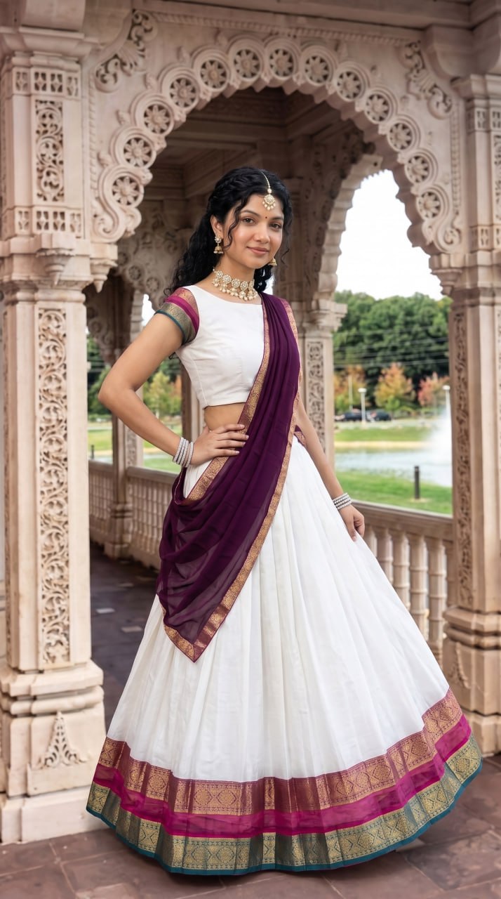 Off-White, Magenta, and Teal Green Mul Cotton Zari Weaving Work South Indian Half Saree Langa Voni Set flat lay view by The Beauty Queen