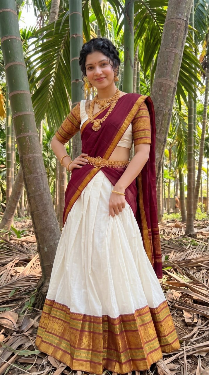 Off-White and Deep Maroon Mul Cotton Zari Weaving Work South Indian Half Saree Langa Voni Set flat lay view by The Beauty Queen