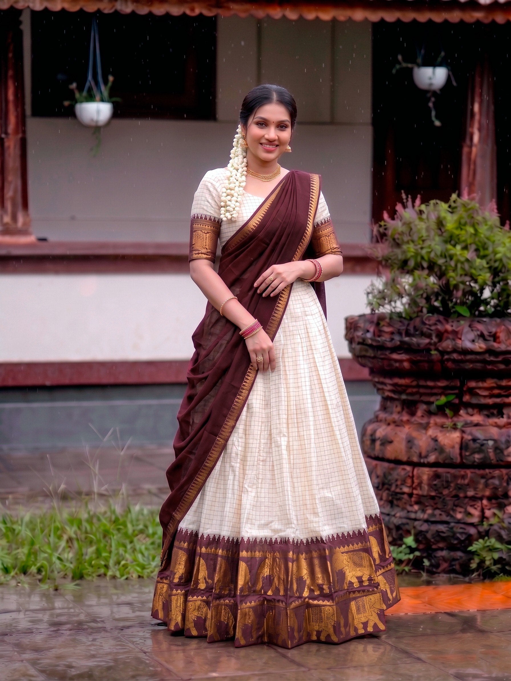 Off White and Maroon Poly Cotton Chex with Zari Weaving Work South Indian Half Saree Lehenga Choli Set by The Beauty Queen