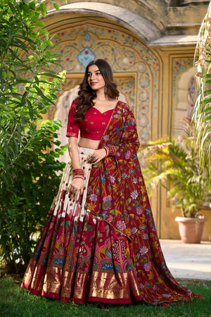 Off-White and Maroon Tasar Silk Kalamkari Print with Foil Work Border Lehenga Choli Set by The Beauty Queen