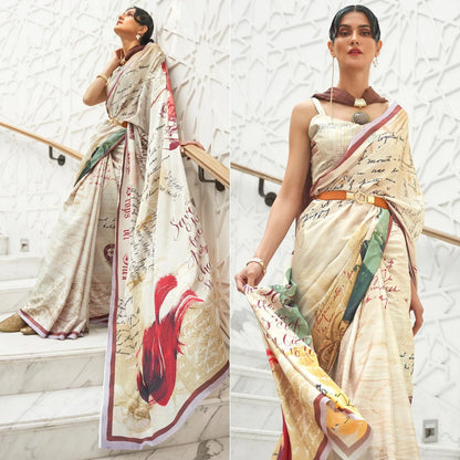 Off- White Partywear Digital Printed Silk Saree