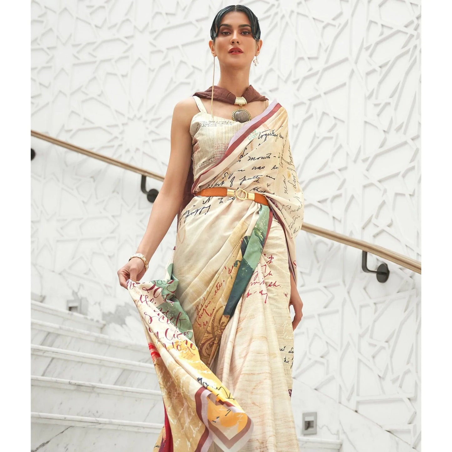 Off- White Partywear Digital Printed Silk Saree