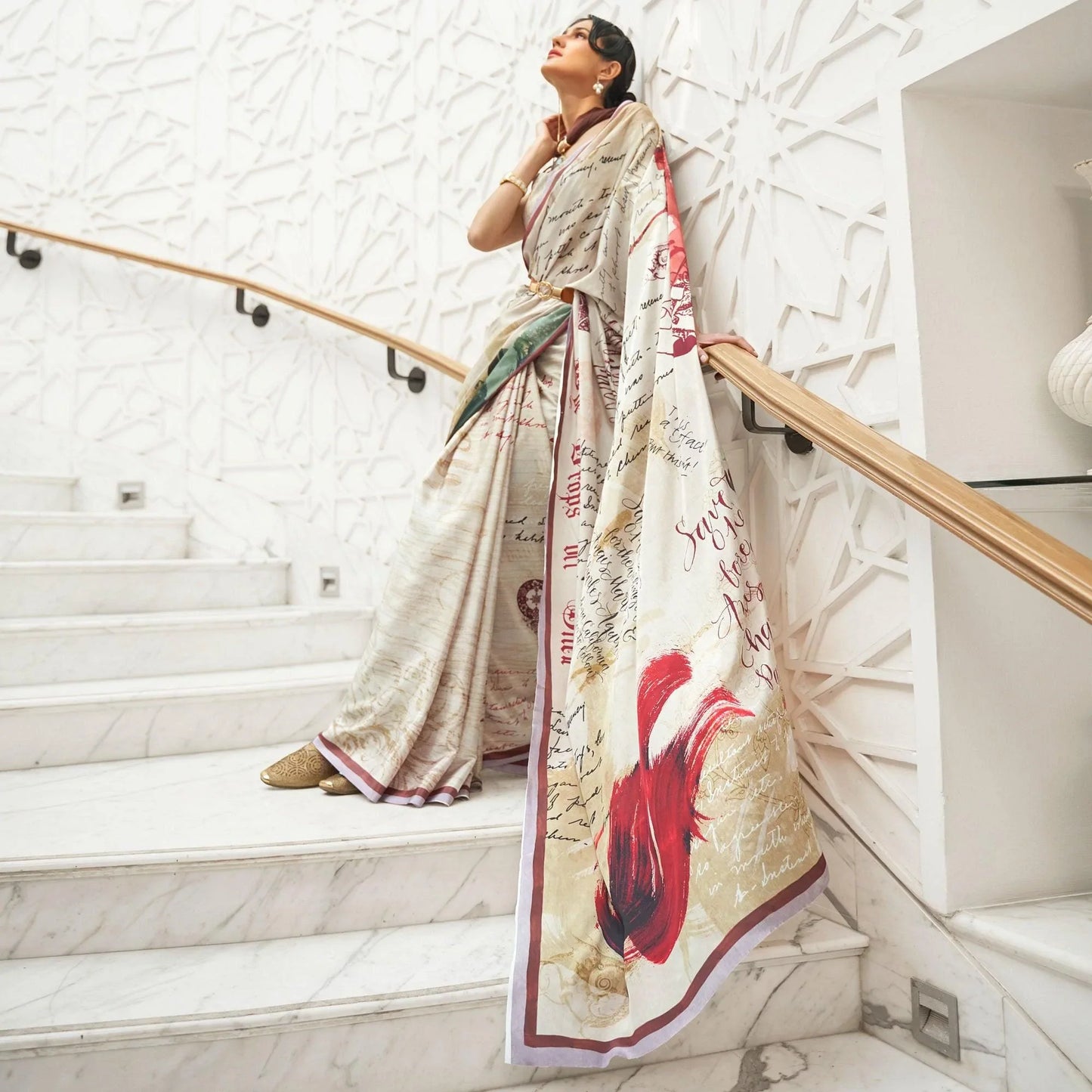 Off- White Partywear Digital Printed Silk Saree