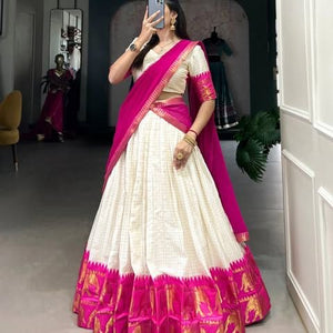 Model Wearing Off White And Pink Poly Cotton Checks With Zari Weaving Elephant Border Half Saree Langa Voni Set By The Beauty Queen
