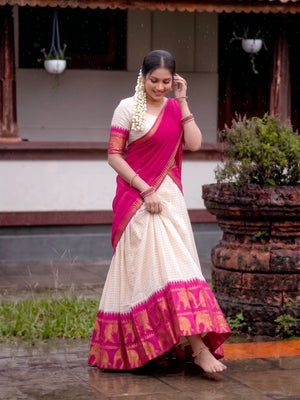 Off White and Pink Poly Cotton Chex with Zari Weaving Work South Indian Half Saree Lehenga Choli Set by The Beauty Queen