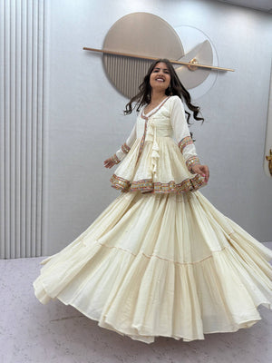 Model Twirling In Off-White Pure Cotton Navratri Kediya Style Lehenga Choli Set By The Beauty Queen