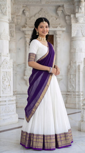Off-White and Deep Purple Mul Cotton Zari Weaving Work South Indian Half Saree Langa Voni Set flat lay view by The Beauty Queen