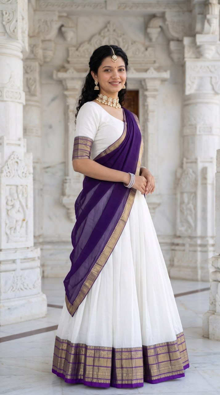 Off-White and Deep Purple Mul Cotton Zari Weaving Work South Indian Half Saree Langa Voni Set flat lay view by The Beauty Queen