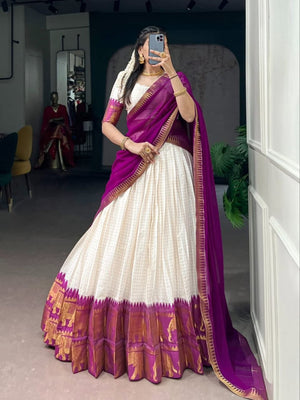 Model Wearing Off White And Purple Poly Cotton Checks With Zari Weaving Elephant Border Half Saree Langa Voni Set By The Beauty Queen