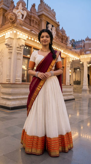 Off-White and Rust Orange Mul Cotton Zari Weaving Work South Indian Half Saree Langa Voni Set flat lay view by The Beauty Queen