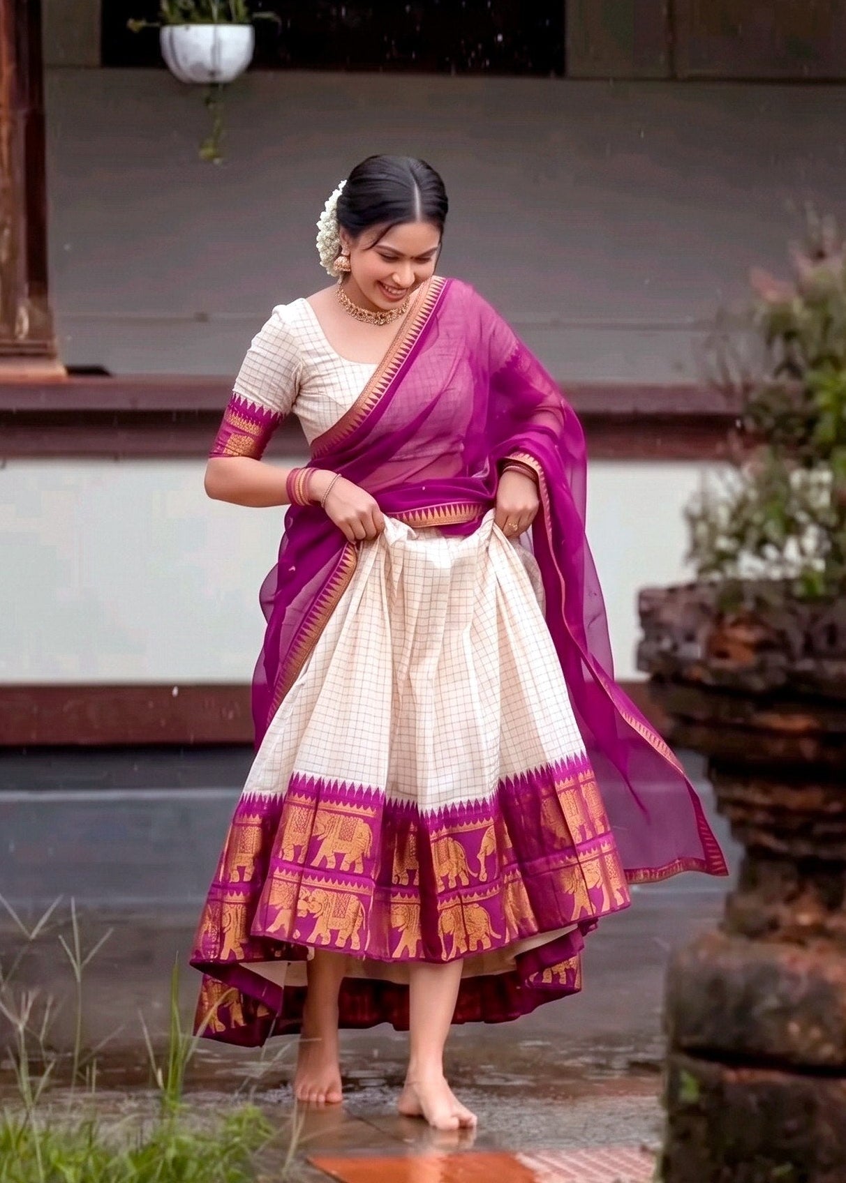 Off White and Wine Poly Cotton Chex with Zari Weaving Work South Indian Half Saree Lehenga Choli Set by The Beauty Queen