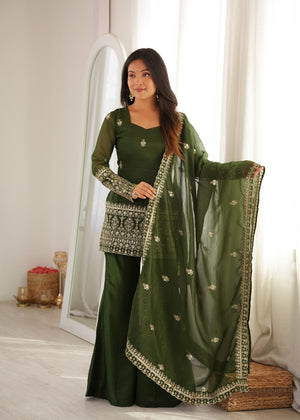 Olive Green Crunchy Silk Kurti Sharara Set Featuring Sequin And Zari Embroidery Work By The Beauty Queen