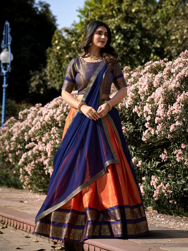Orange Kanchipuram Silk Lehenga Choli with Traditional Gold Zari Weaving Work by The Beauty Queen Surat